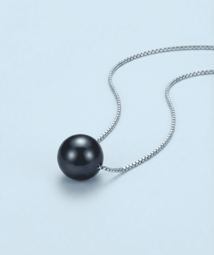 Collier perle ronde noire 9-10 mm - Or Blanc