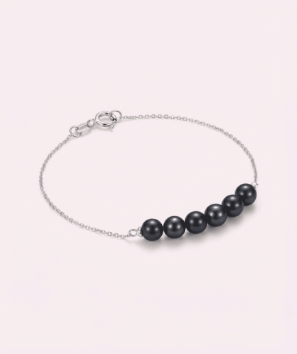 Bracelet perle ronde noire 3-4 mm - Or Blanc